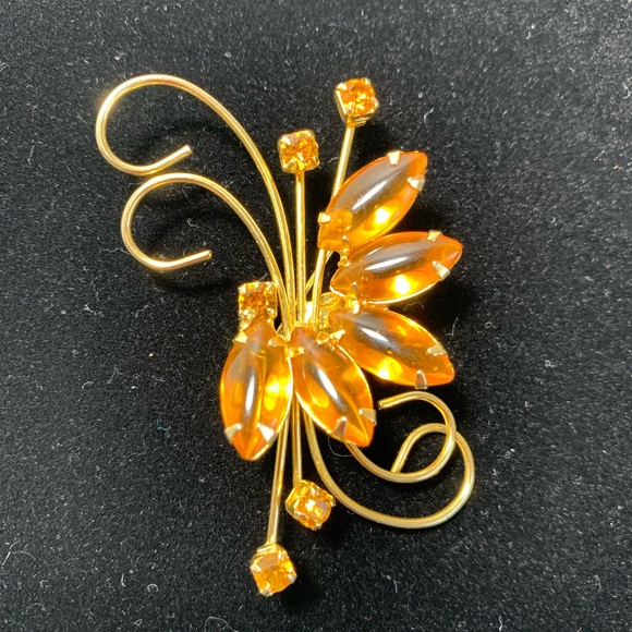 Vintage Amber Rhinestone Brooch Pin Gold Tone Large Marquise Small Square - Picture 11 of 12